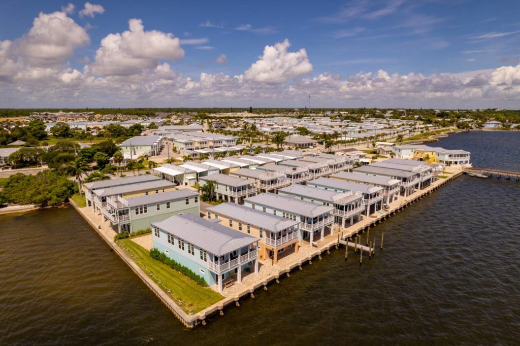 Aerial photo of a manufactured home community on the water
